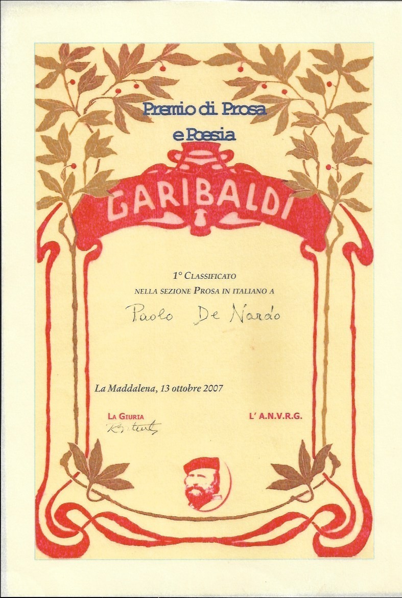 Diploma del Premio nazionale di narrativa e poesia Giuseppe Garibaldi – edizione del bicentenario