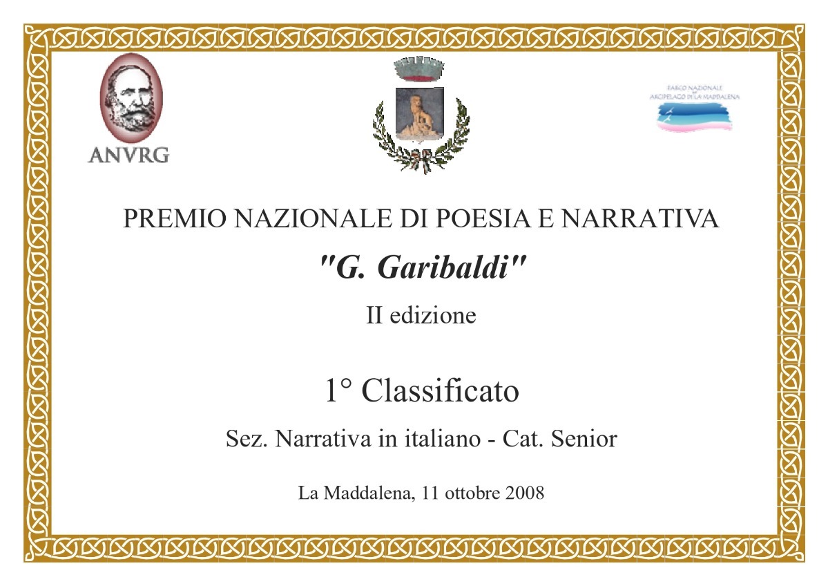 Diploma del Premio nazionale di narrativa e poesia Giuseppe Garibaldi 2008