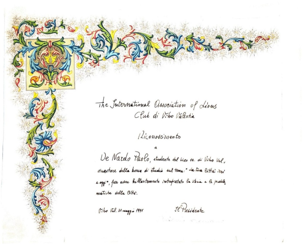 Diploma del Premio Lions Club di Vibo Valentia assegnato a Paolo De Nardo