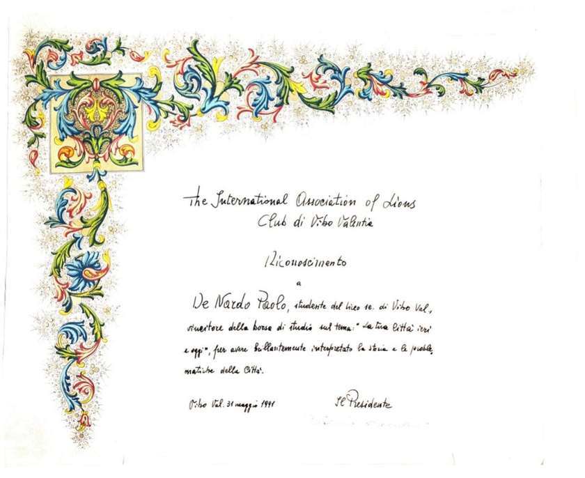 Diploma del Premio Lions Club di Vibo Valentia assegnato a Paolo De Nardo