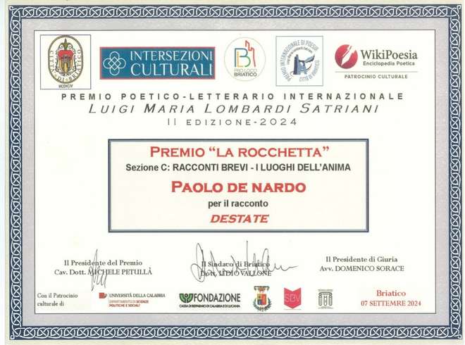 Diploma del Premio nazionale di narrativa e poesia Lombardi Satriani – La Rocchetta 2024
