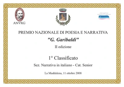 Diploma del Premio nazionale di narrativa e poesia Giuseppe Garibaldi 2008
