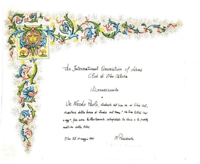 Diploma del Premio Lions Club di Vibo Valentia assegnato a Paolo De Nardo