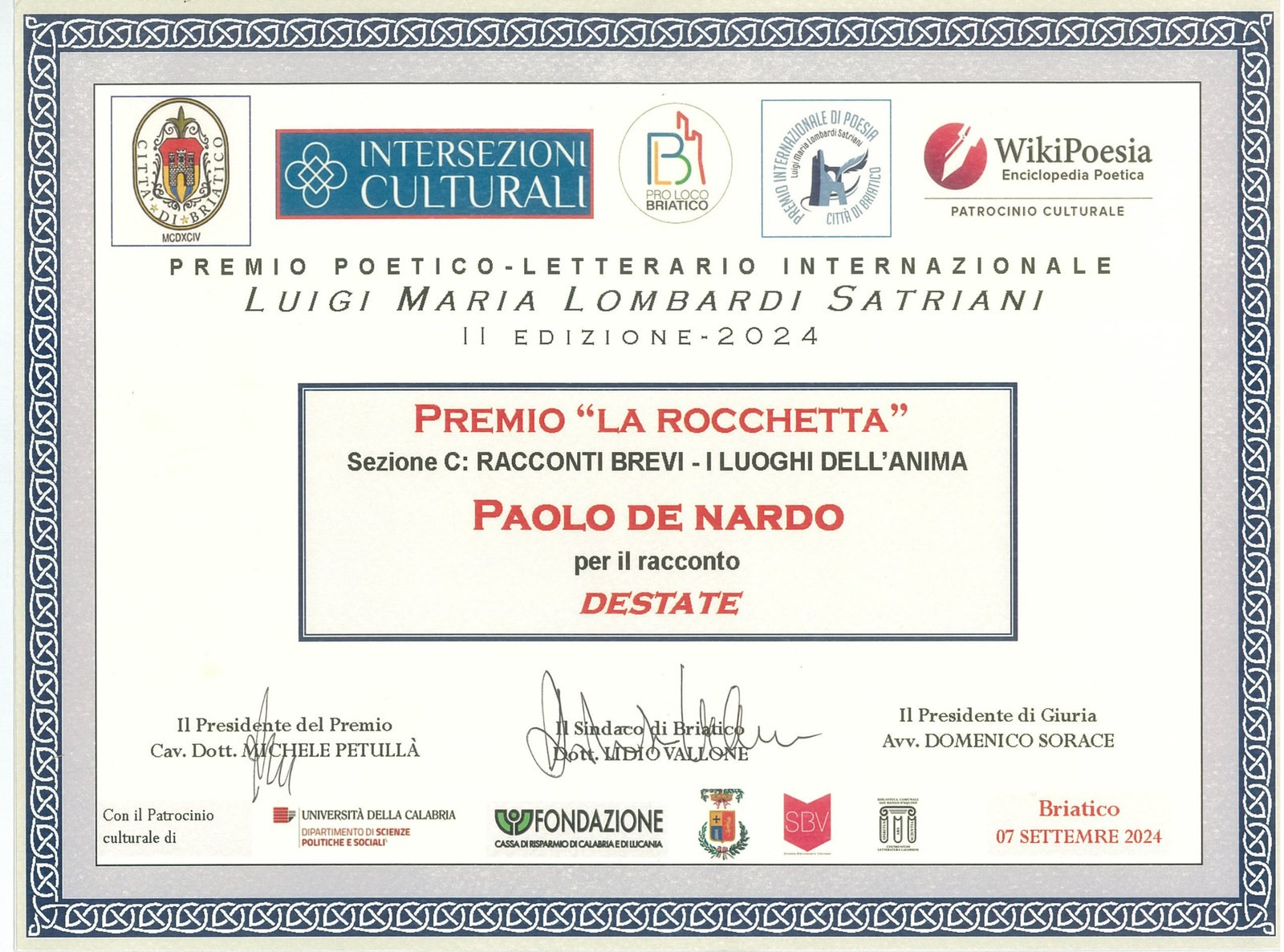 Premio Nazionale di narrativa e poesia Lombardi Satriani